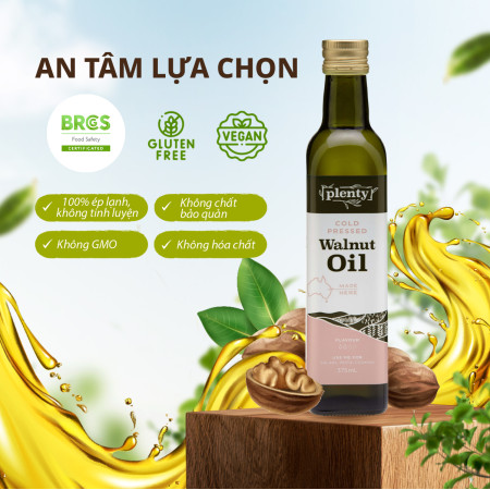  Dầu ăn ép lạnh Óc Chó 375ml Plenty Úc, tốt cho não bộ, trí nhớ phù hợp salad, soup, sinh tố